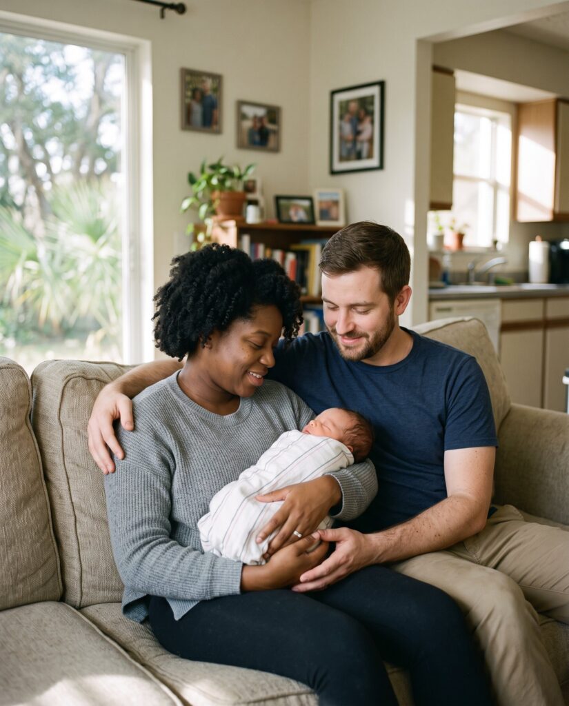 New parents holding their newborn at home