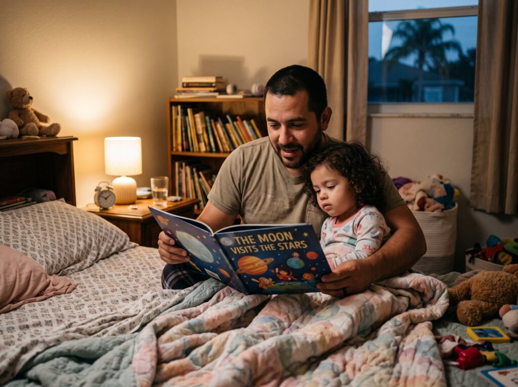 Father reading a bedtime story to his toddler