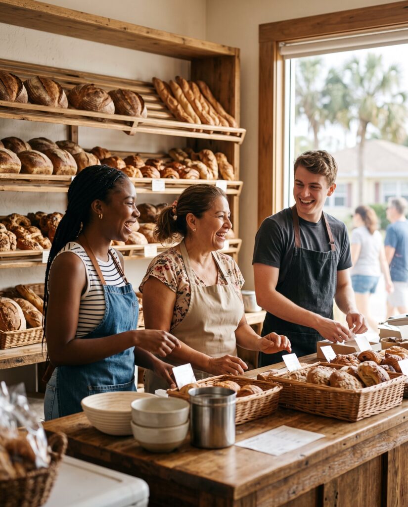 Small bakery owner with her employees