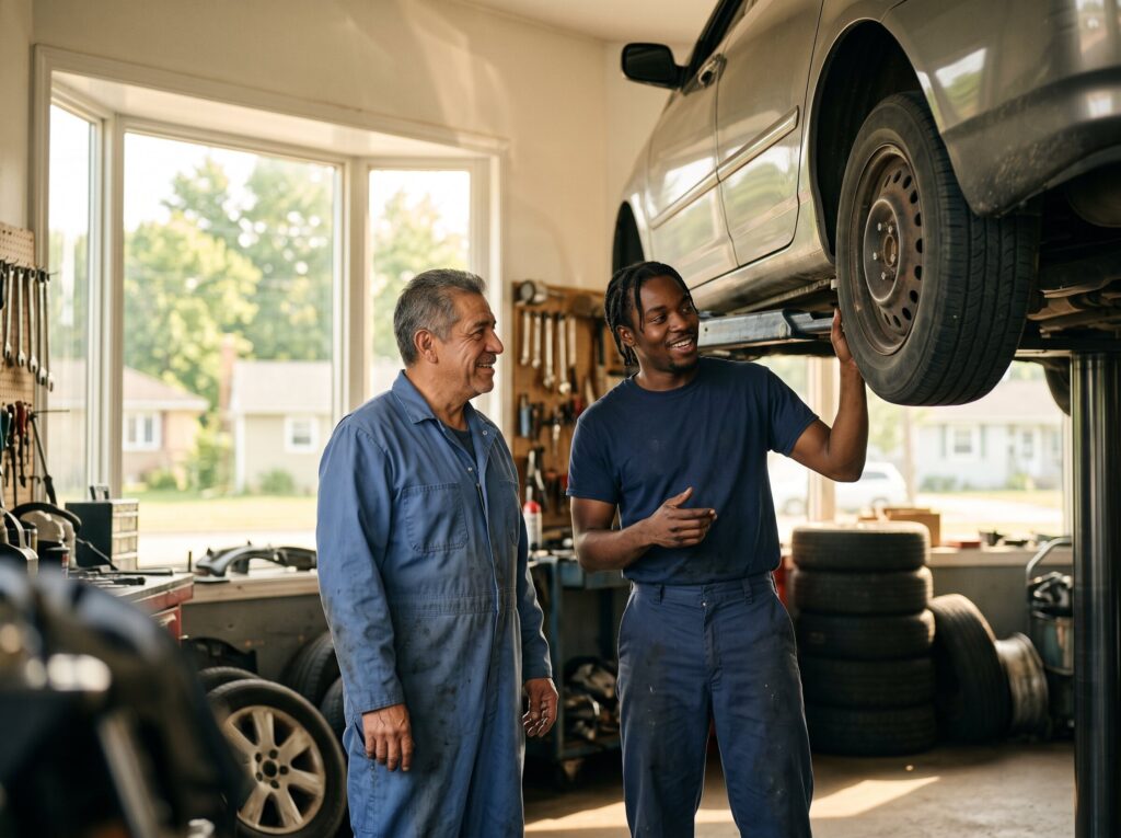 Owner of an auto shop talking with a mechanic