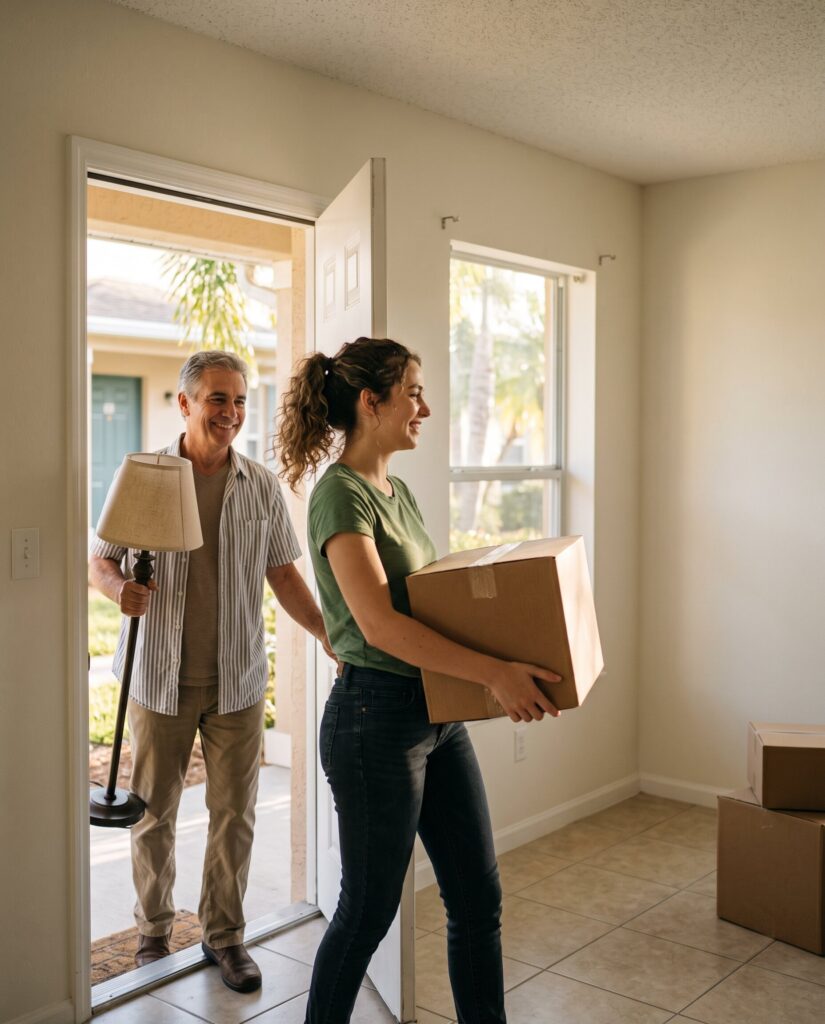 Young adult carrying boxes into a first apartment