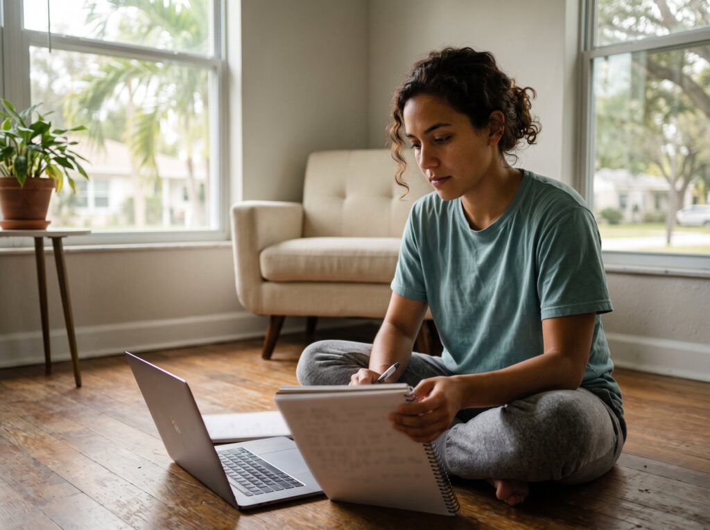 Young adult working through a budget on a laptop
