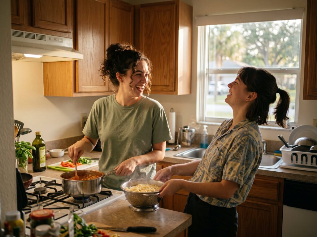 Roommates cooking dinner together at home