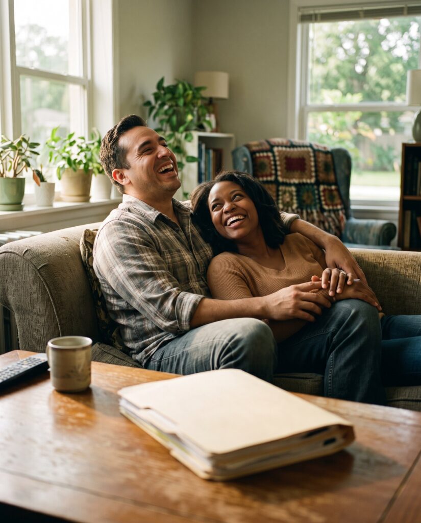 Couple celebrating on the couch