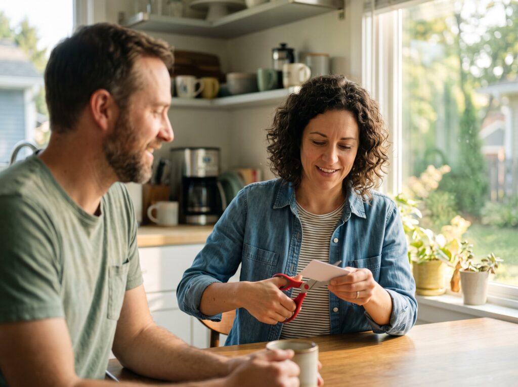 Woman cutting up a credit card at the kitchen table
