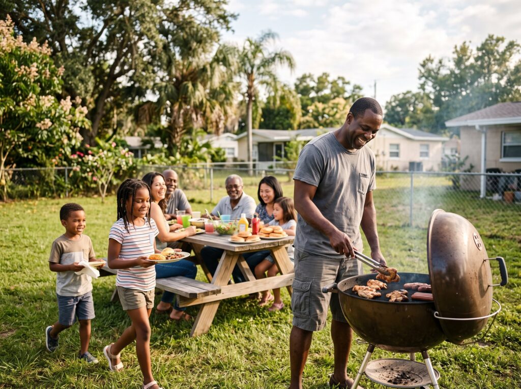 Family enjoying a backyard barbecue