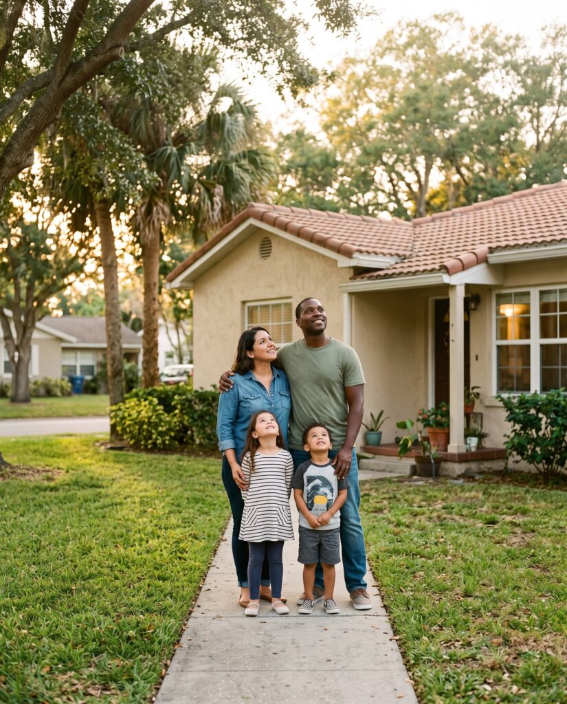 Family standing together in front of their modest home