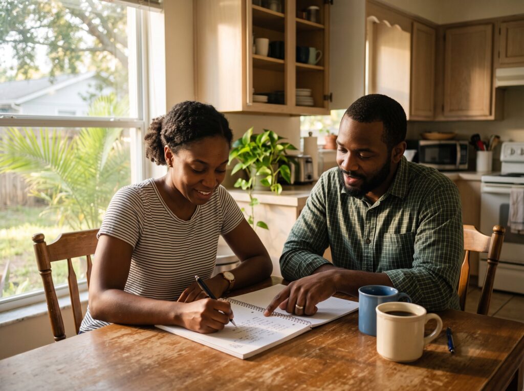 Couple writing in a notebook at the kitchen table