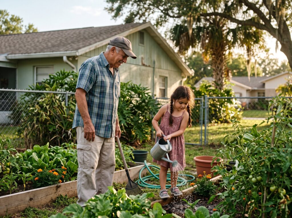 Grandfather and grandchild watering a small garden