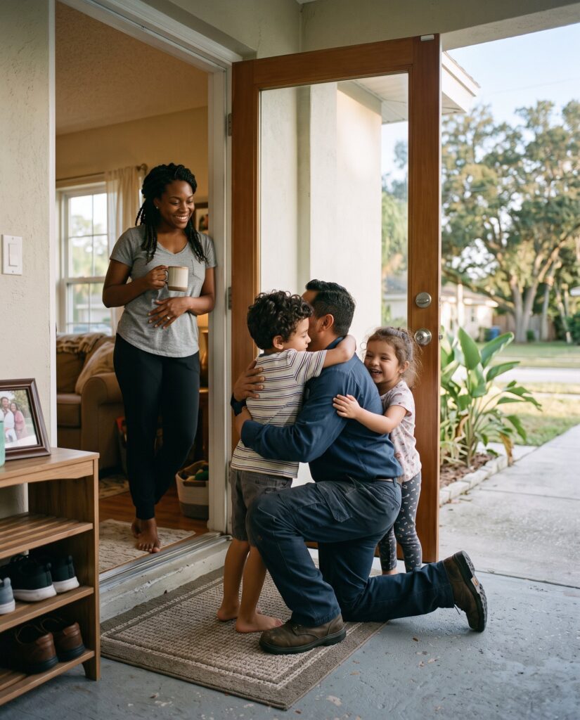 Parent leaving for work and saying goodbye to kids