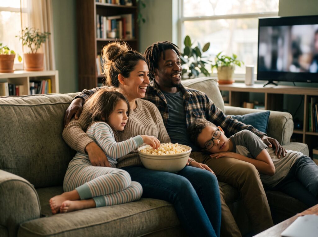 Family relaxing together on the living room couch