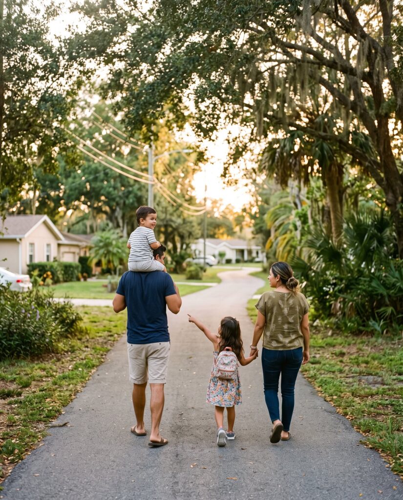 Young family walking together along a sunny neighborhood path