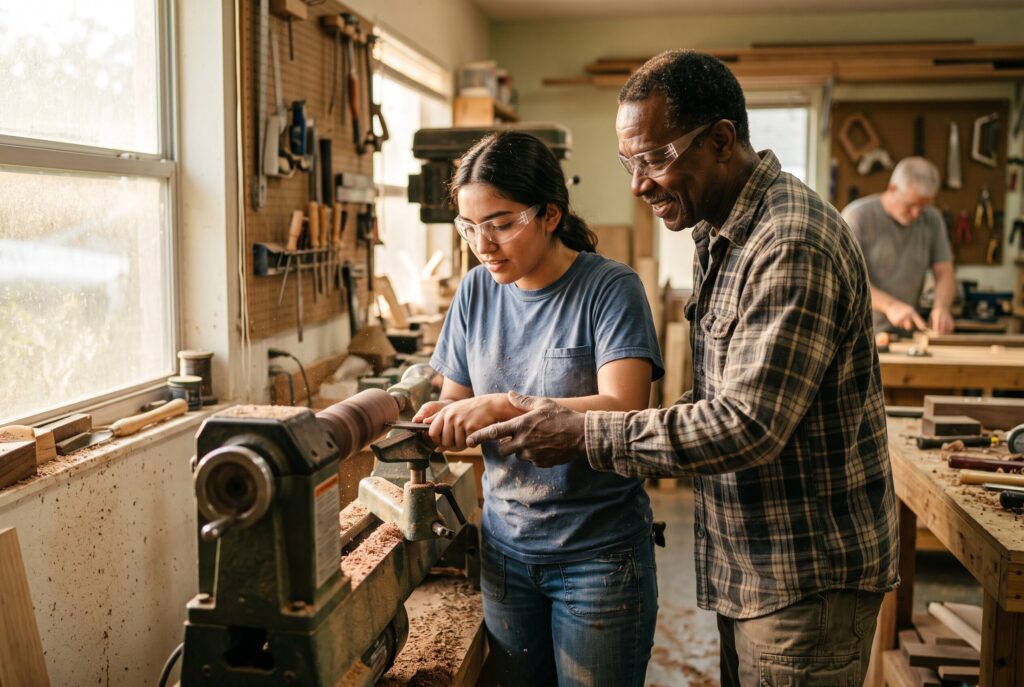 Young adult apprentice learning a trade from an experienced mentor