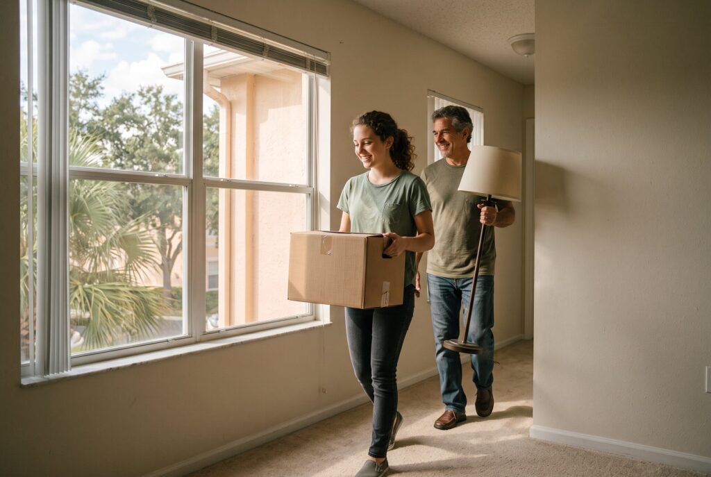 Young adult carrying boxes into a first apartment