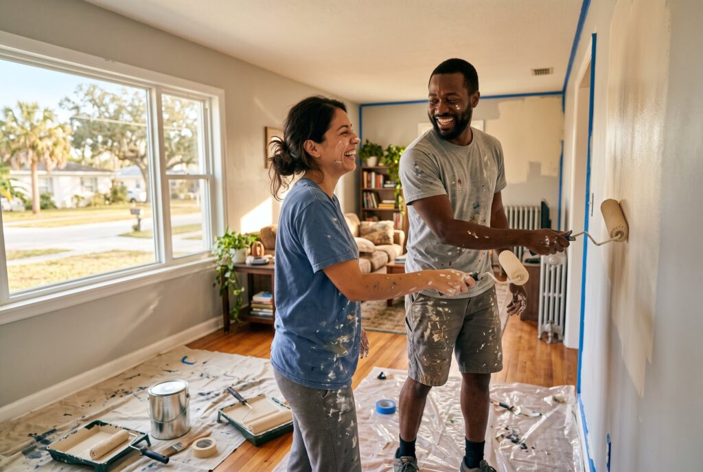 Newly married couple painting a room in their home together