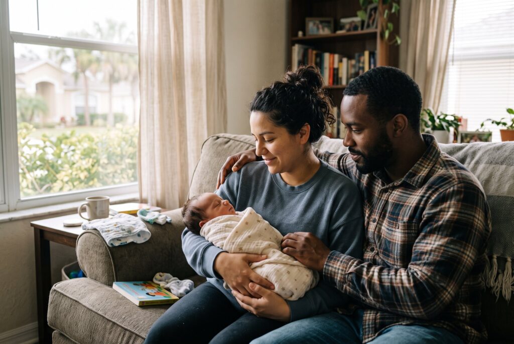 New parents holding their newborn baby at home