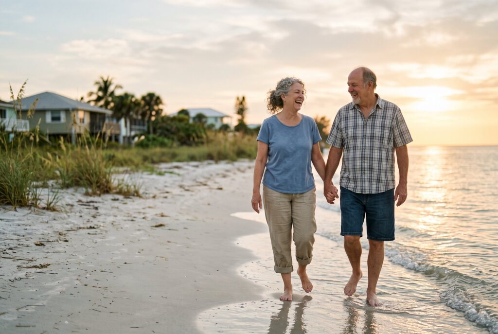 Retired couple walking hand in hand on a Florida beach