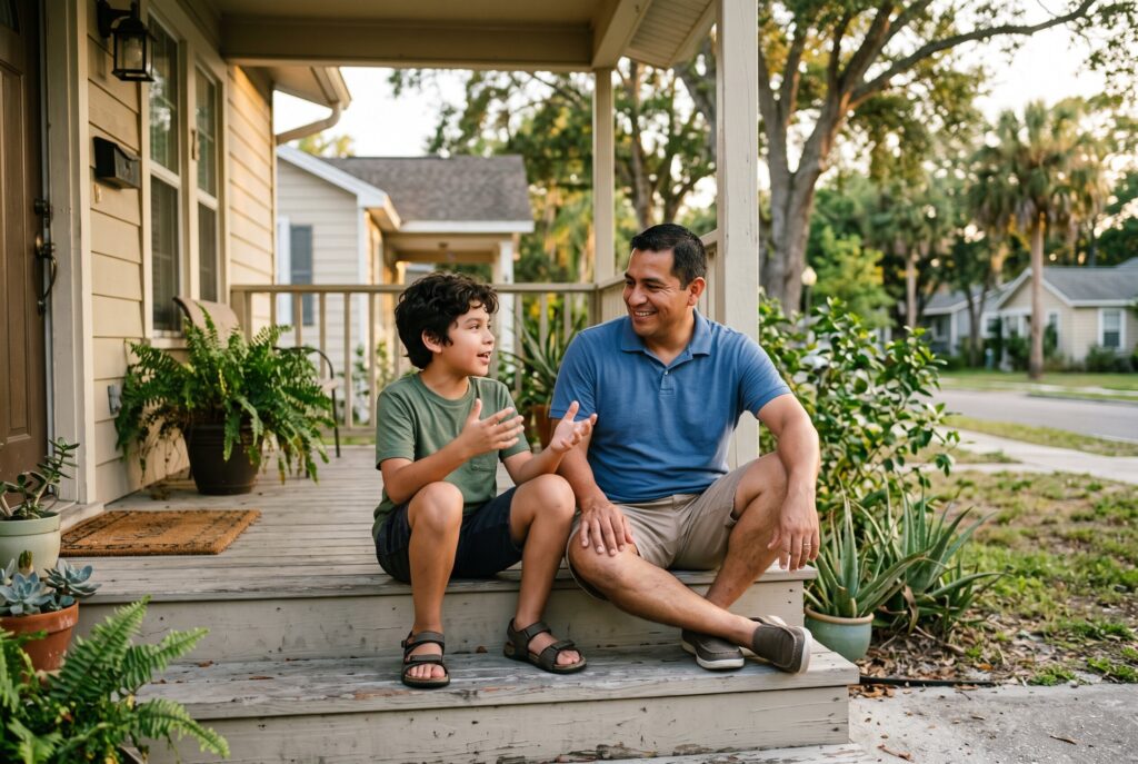 Father and his son talking on the front porch steps