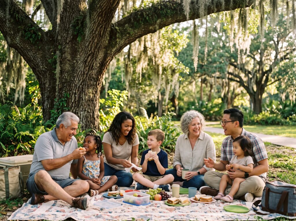 Three generations of a family picnicking beneath a large old oak tree
