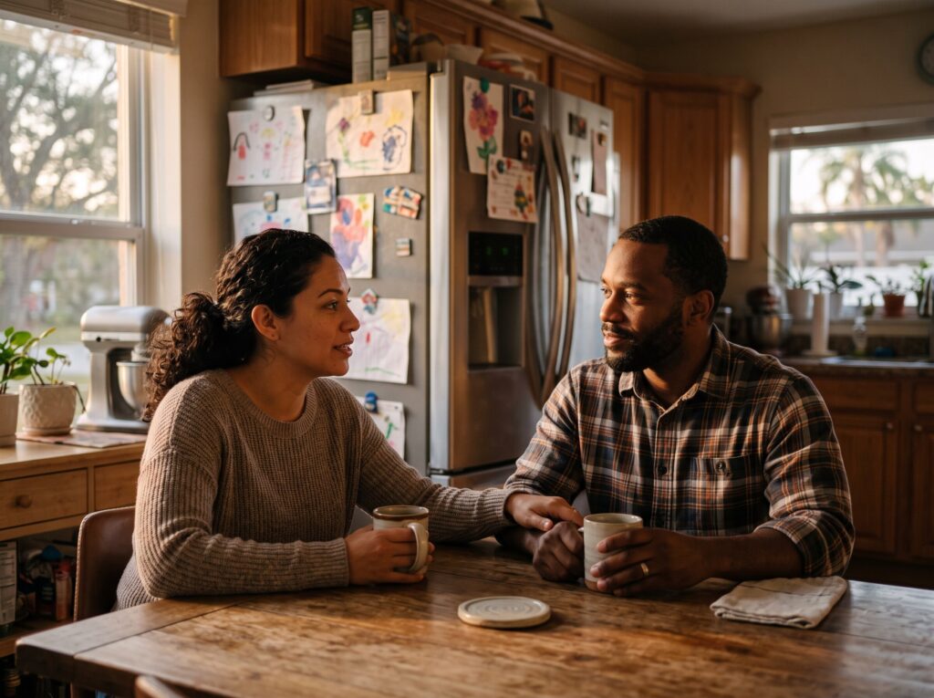 Couple talking thoughtfully over coffee at the kitchen table
