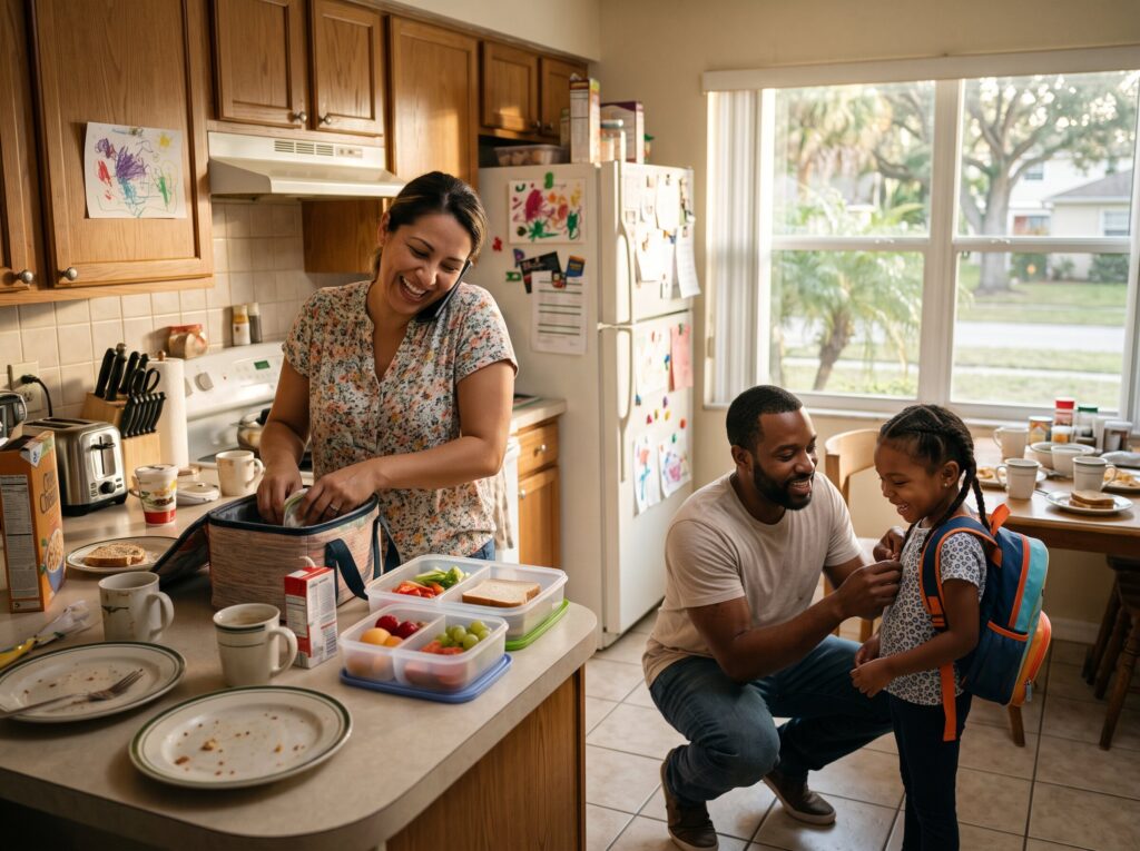 Busy parents getting kids ready in the kitchen on a school morning