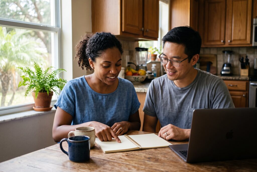 Couple sitting at the kitchen table planning their monthly budget together