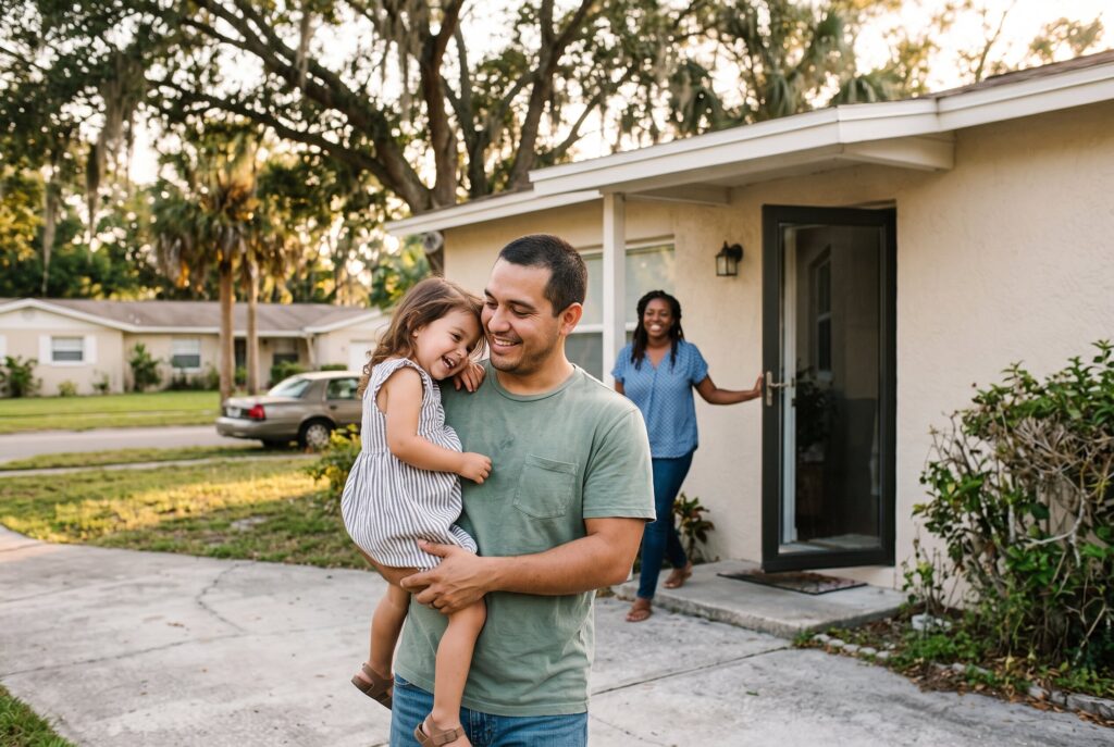 Father holding his young daughter in front of the family home