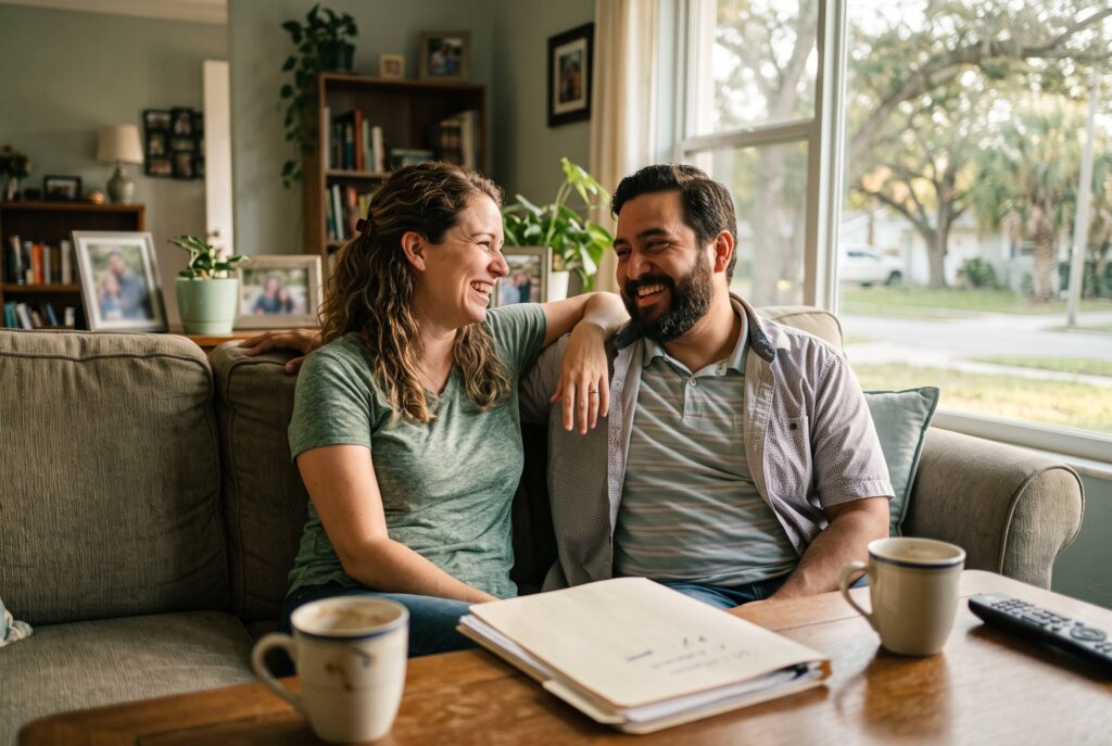 Couple relaxing on the couch with a sense of relief