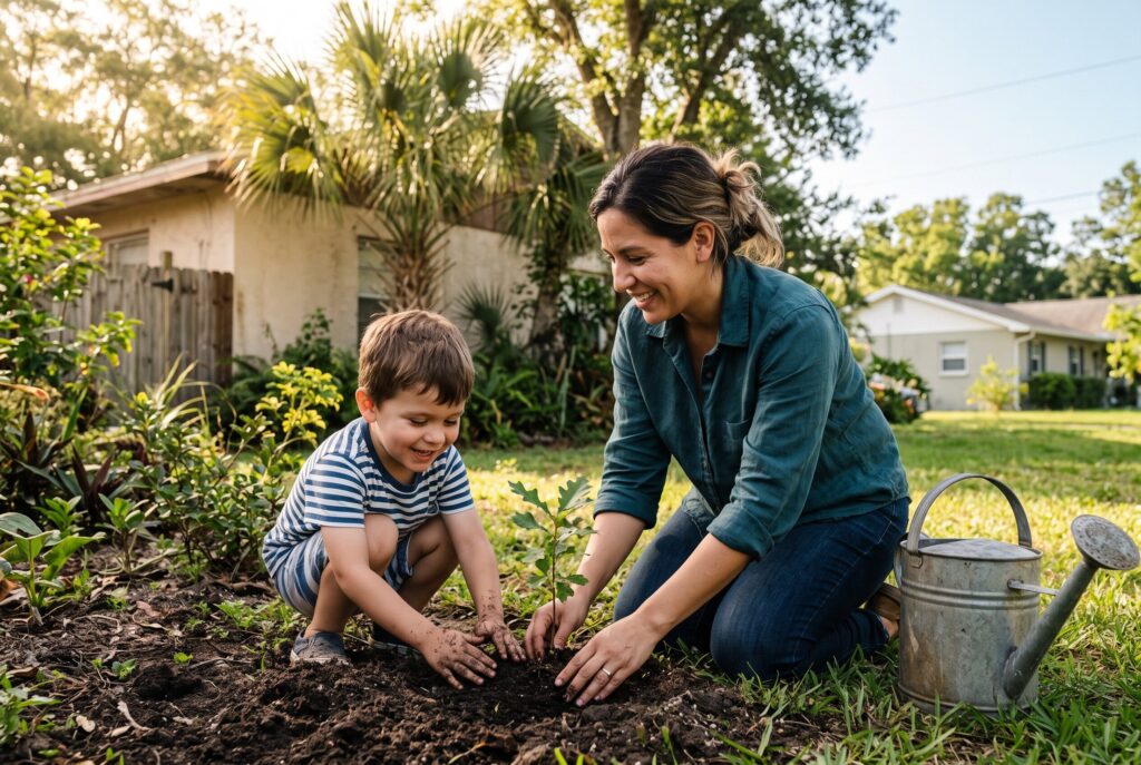 Parent and child planting a young sapling in the backyard