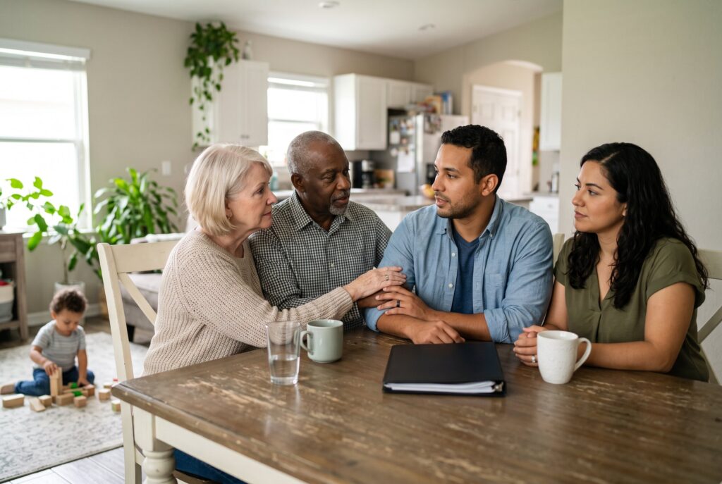 Grandparents and adult children talking around a dining table