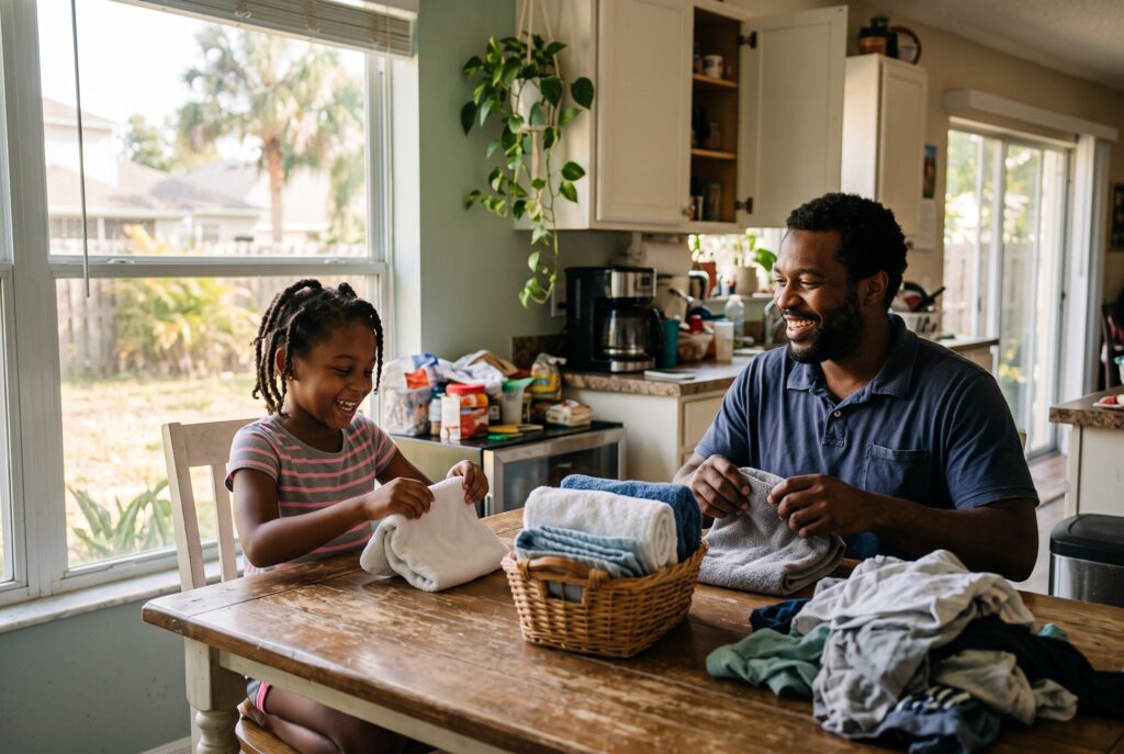 Young child helping a parent with household chores