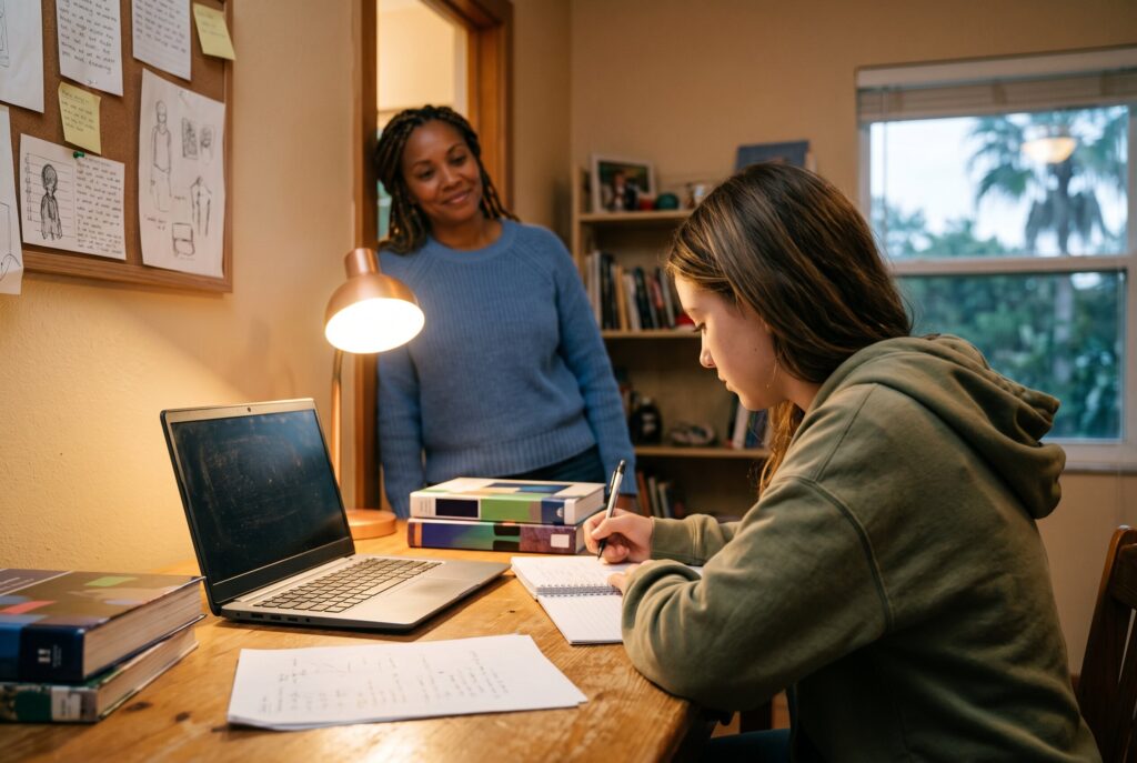 Teenager studying at a desk while a parent looks on supportively