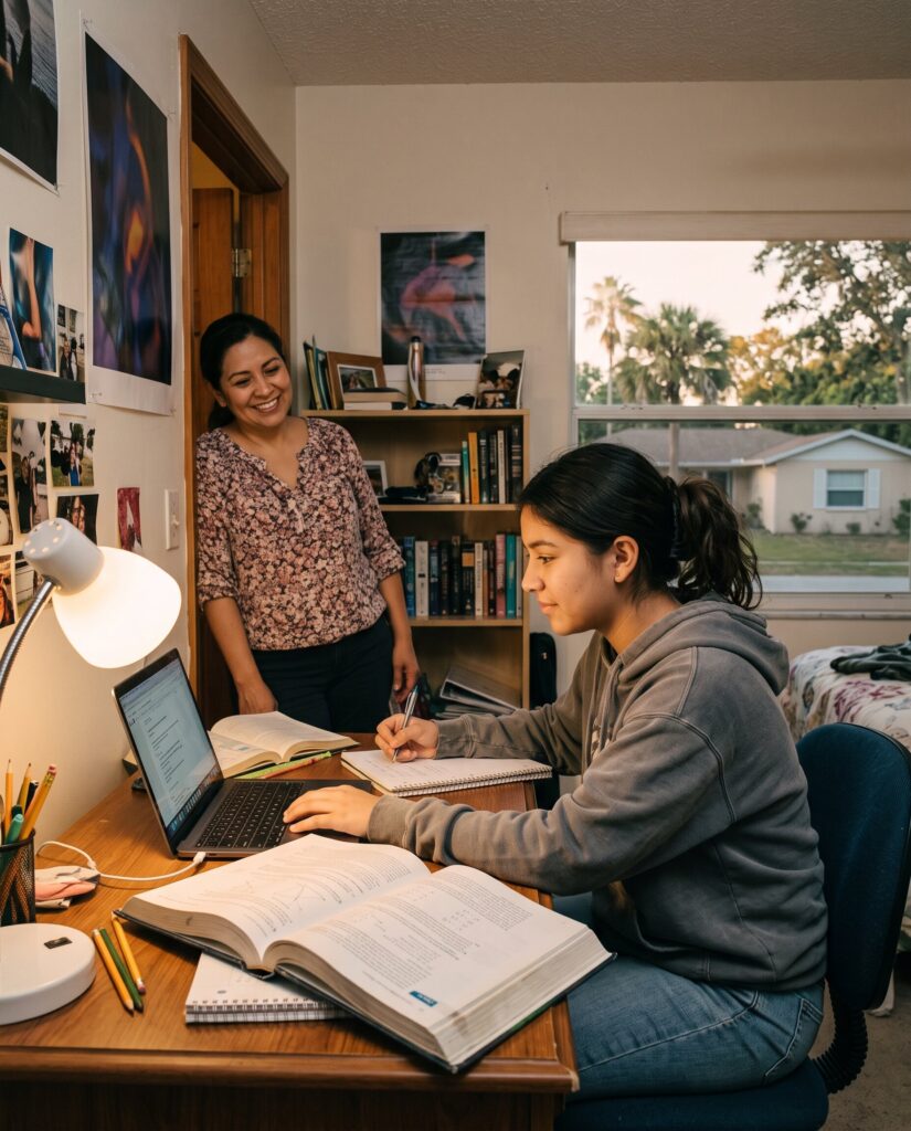 Teenager studying at a desk with a parent nearby