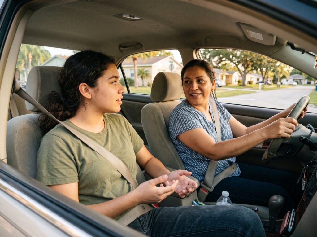 Parent and teen talking during a drive