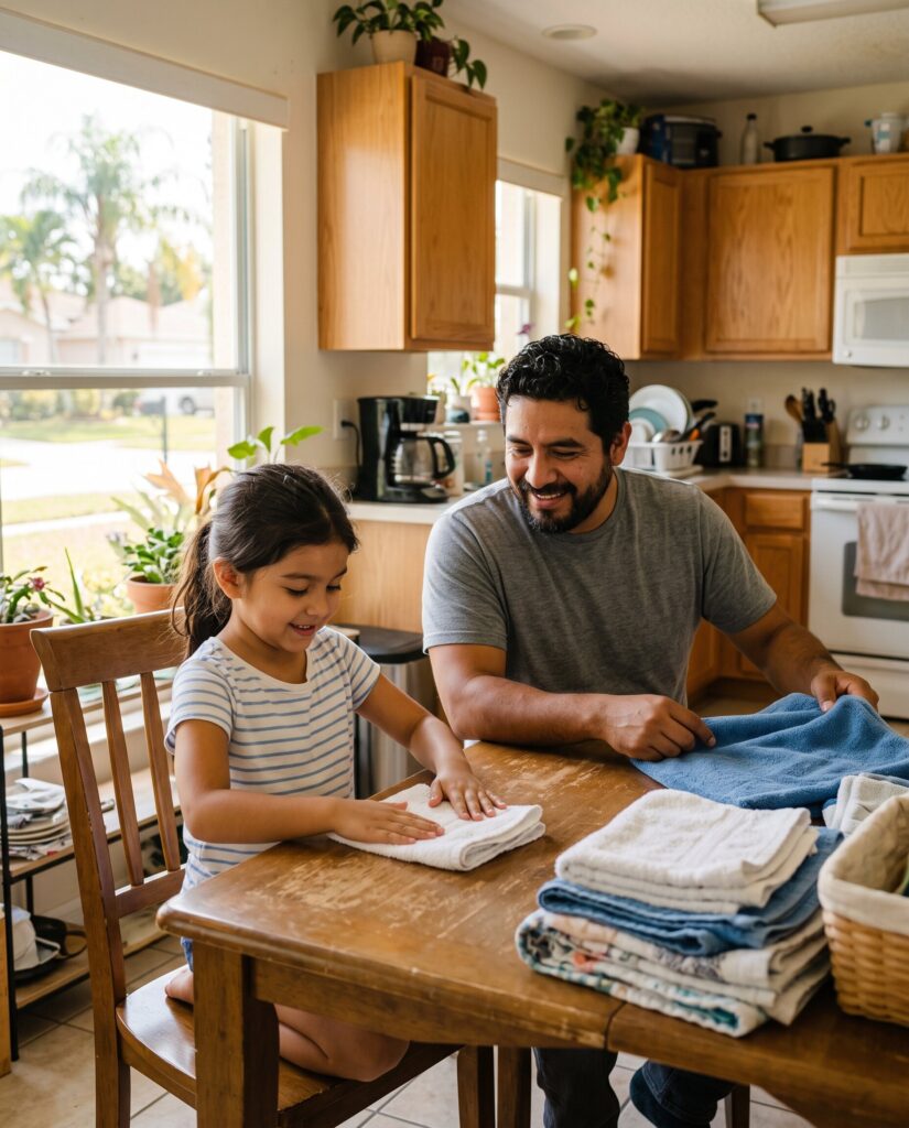 Young girl helping her father fold laundry