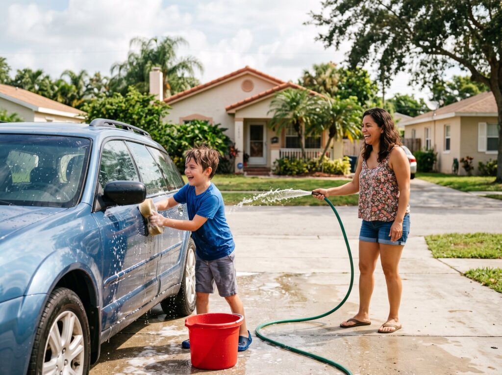 Boy washing the family car with his mother