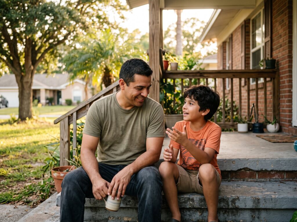 Father and son talking on the porch steps
