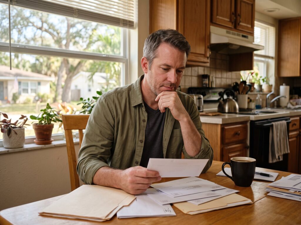 Man sorting through paperwork at a kitchen table