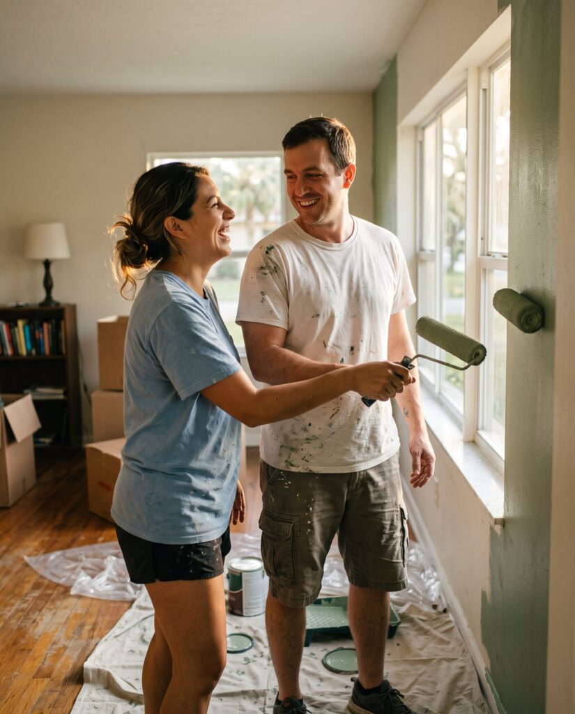 Newly married couple painting a room together