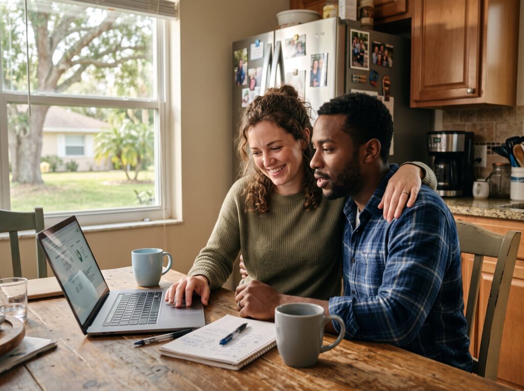 Couple reviewing household plans at the kitchen table