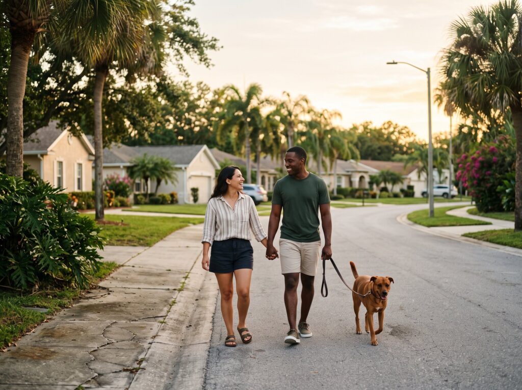 Couple walking their dog in the neighborhood