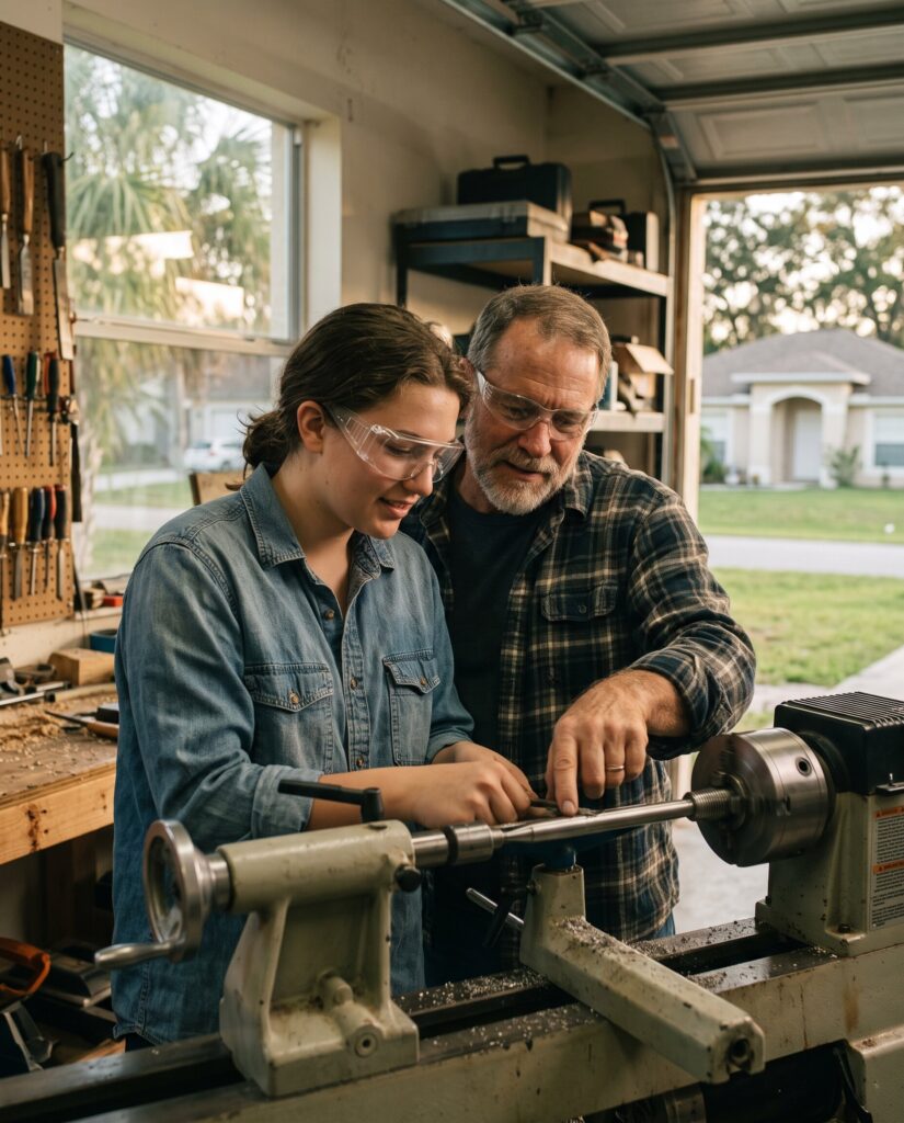 Young apprentice learning a trade from a mentor