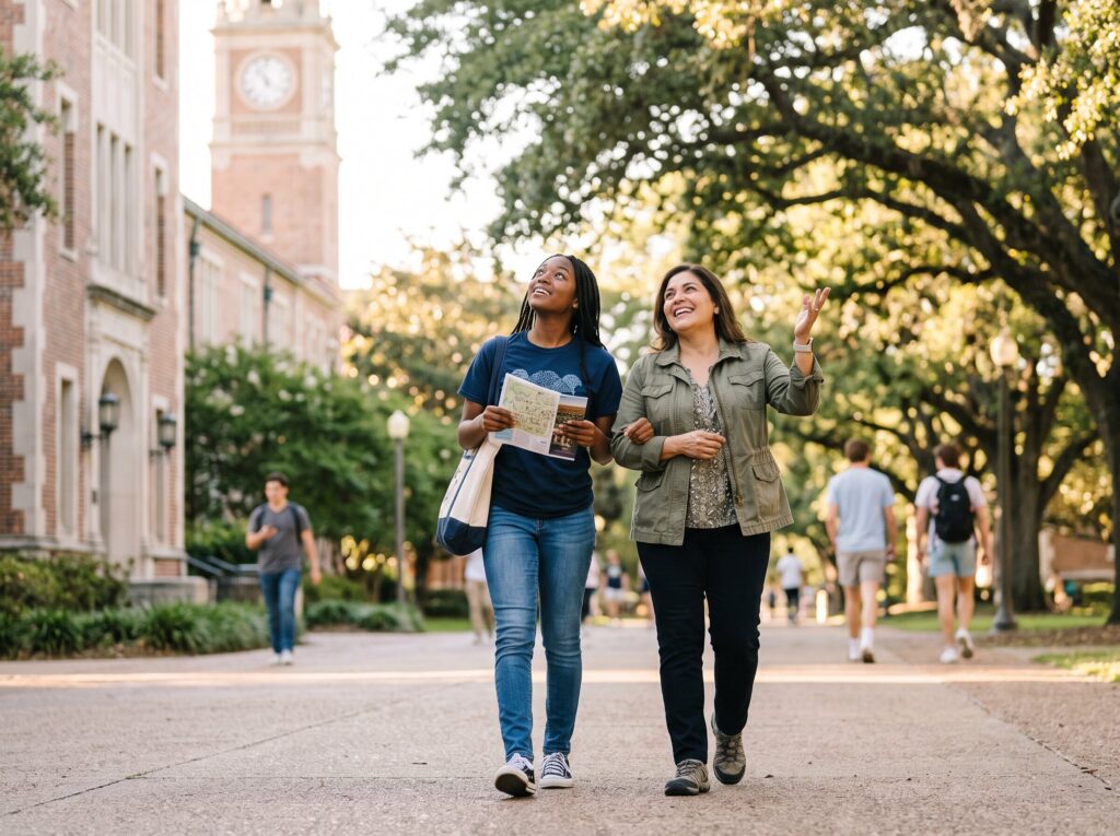 Student touring a college campus with a parent