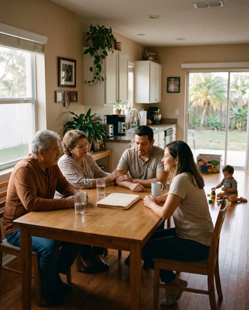 Grandparents and adult children talking at a dining table