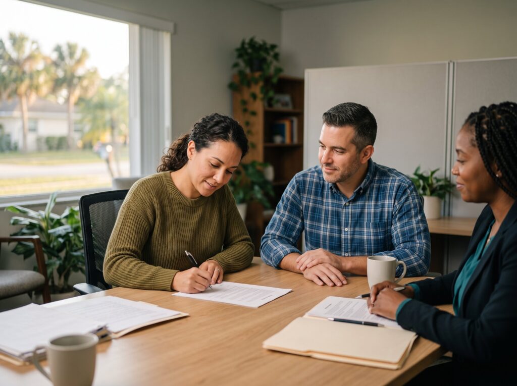 Couple signing documents with an attorney
