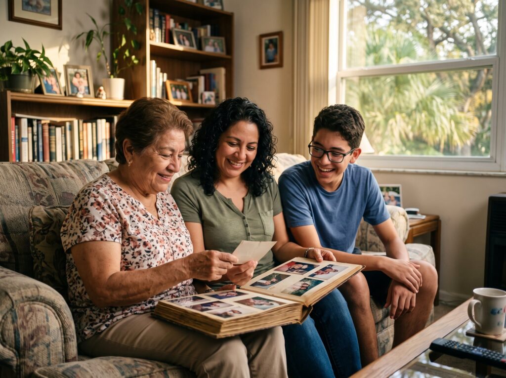 Family looking through a photo album together
