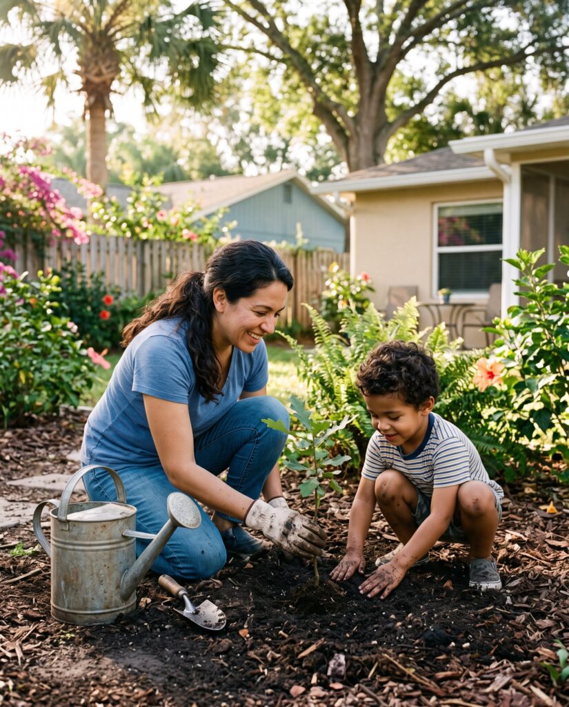 Mother and son planting a sapling