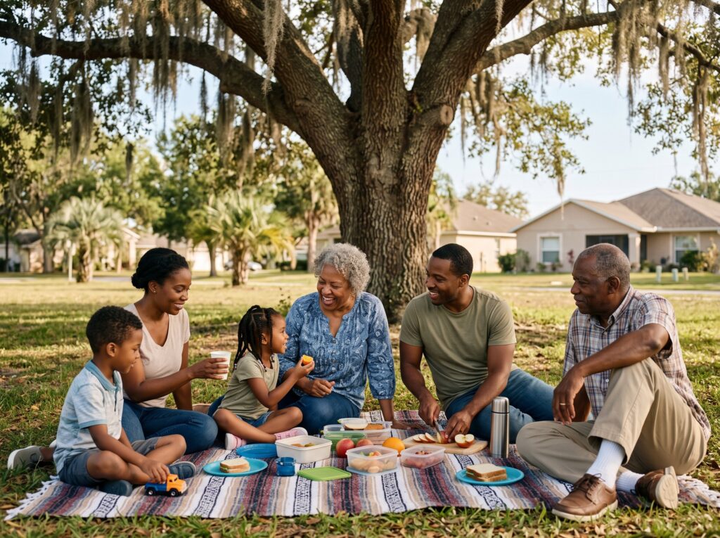Three generations under a large oak tree