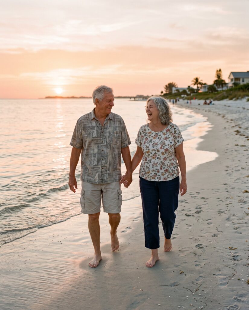 Retired couple walking on a Florida beach