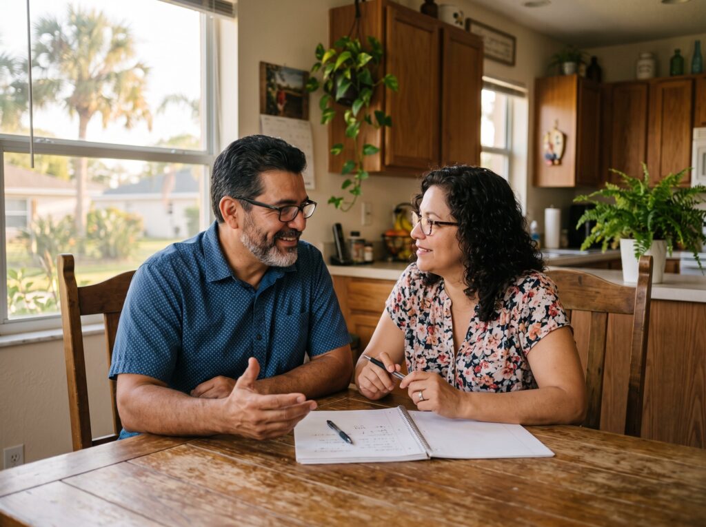 Couple planning together at a dining table